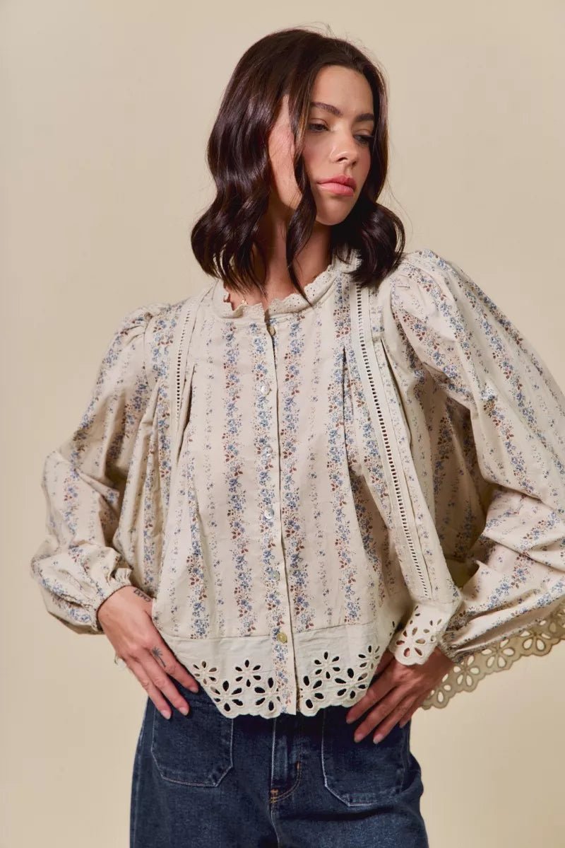SO ME Floral Print Lace Button Down Shirt - Bitsy Gypsy Boutique