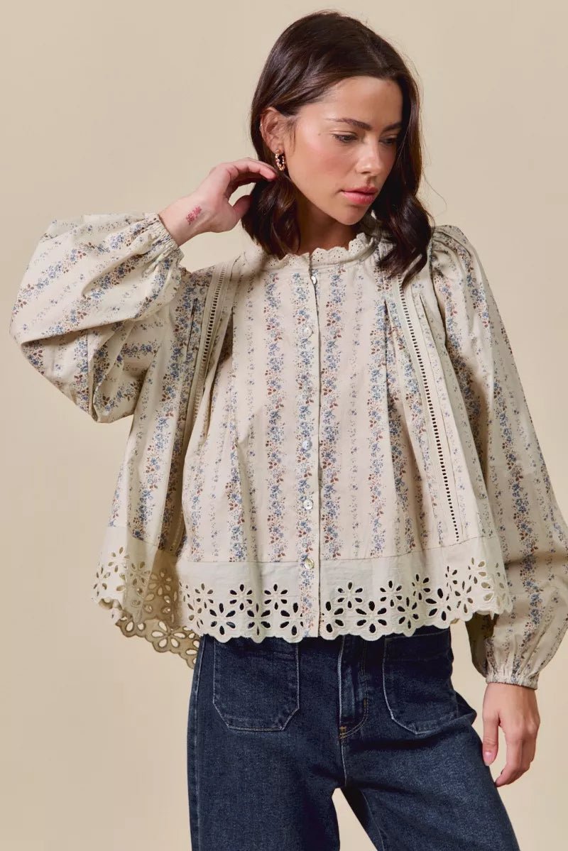 SO ME Floral Print Lace Button Down Shirt - Bitsy Gypsy Boutique