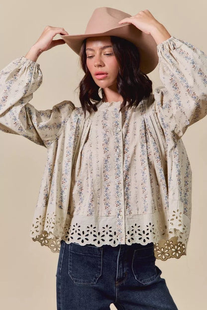 SO ME Floral Print Lace Button Down Shirt - Bitsy Gypsy Boutique