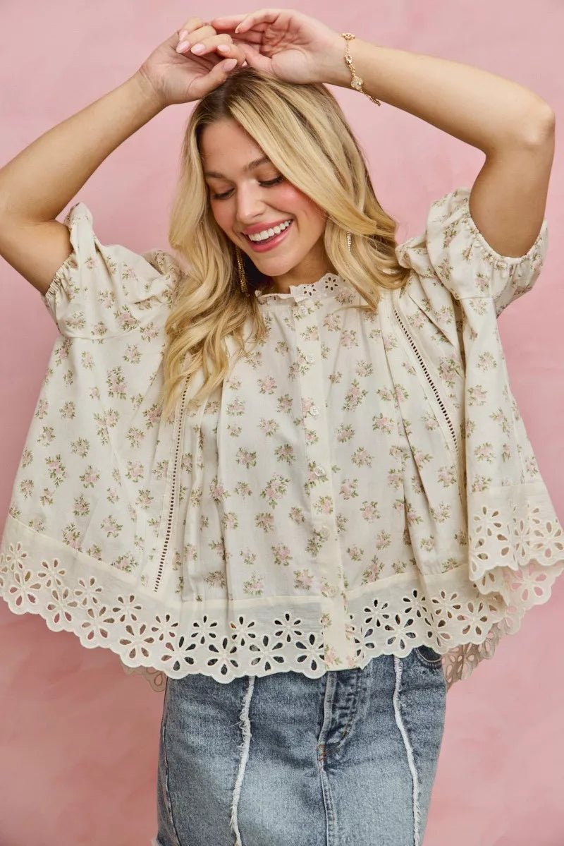 SO ME Floral Print Lace Trim Short Sleeves Blouse - Bitsy Gypsy Boutique