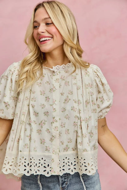 SO ME Floral Print Lace Trim Short Sleeves Blouse - Bitsy Gypsy Boutique