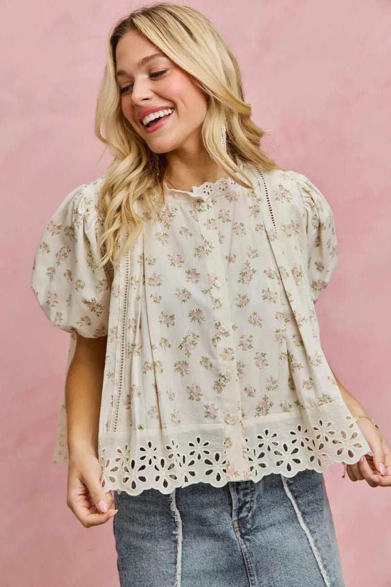 SO ME Floral Print Lace Trim Short Sleeves Blouse - Bitsy Gypsy Boutique