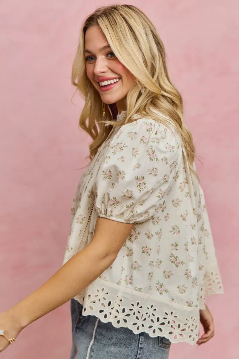 SO ME Floral Print Lace Trim Short Sleeves Blouse - Bitsy Gypsy Boutique
