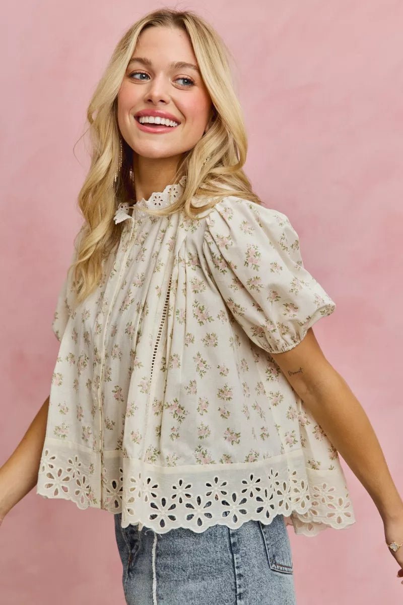 SO ME Floral Print Lace Trim Short Sleeves Blouse - Bitsy Gypsy Boutique