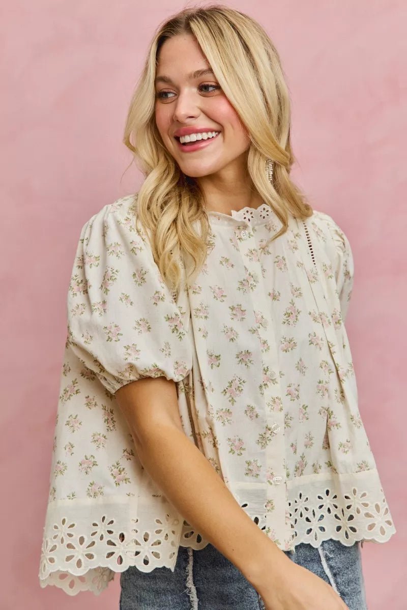 SO ME Floral Print Lace Trim Short Sleeves Blouse - Bitsy Gypsy Boutique