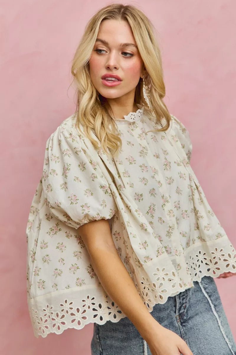 SO ME Floral Print Lace Trim Short Sleeves Blouse - Bitsy Gypsy Boutique