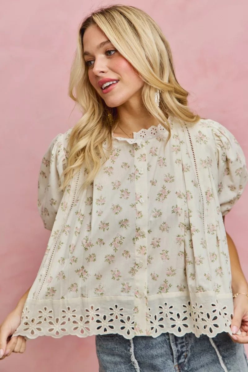 SO ME Floral Print Lace Trim Short Sleeves Blouse - Bitsy Gypsy Boutique