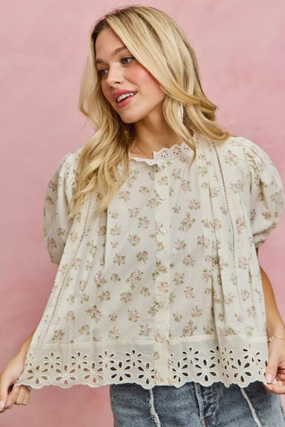 SO ME Floral Print Lace Trim Short Sleeves Blouse - Bitsy Gypsy Boutique
