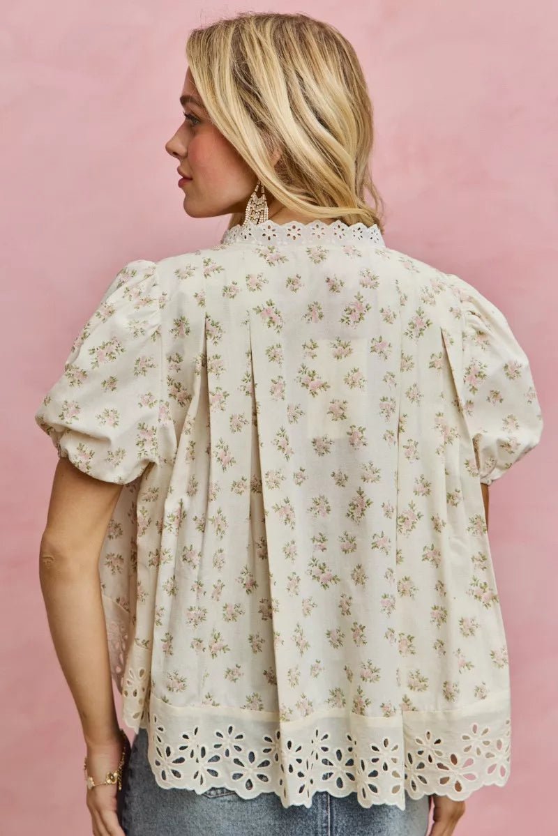 SO ME Floral Print Lace Trim Short Sleeves Blouse - Bitsy Gypsy Boutique