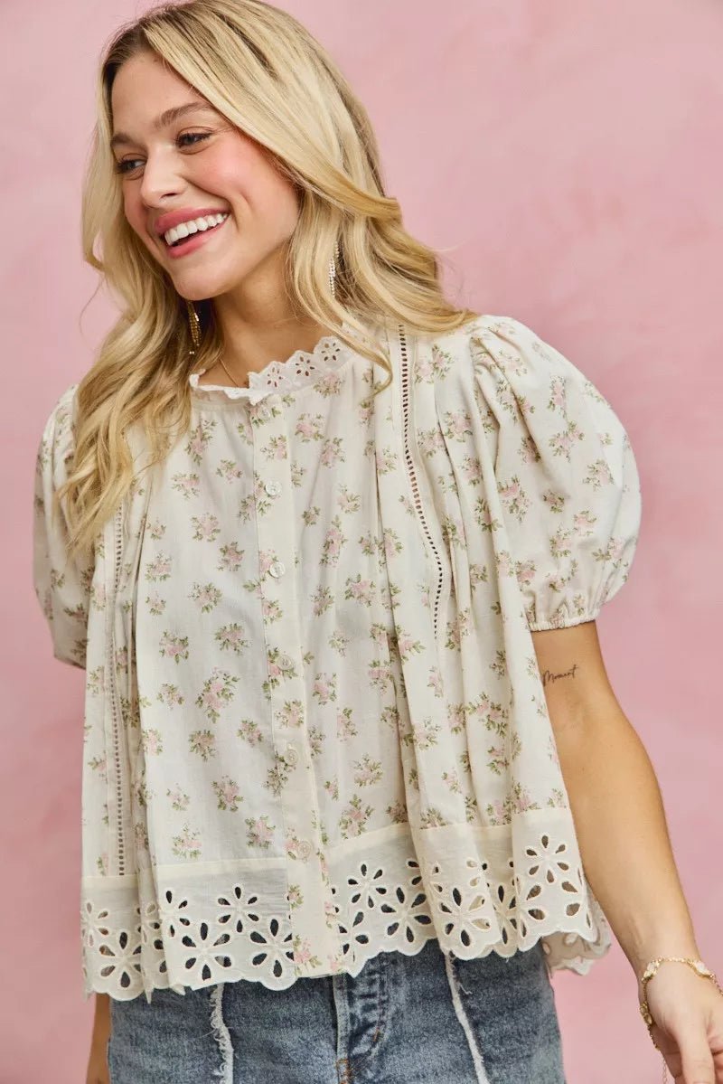 SO ME Floral Print Lace Trim Short Sleeves Blouse - Bitsy Gypsy Boutique