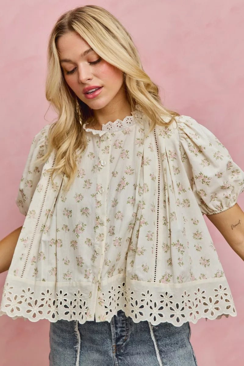 SO ME Floral Print Lace Trim Short Sleeves Blouse - Bitsy Gypsy Boutique