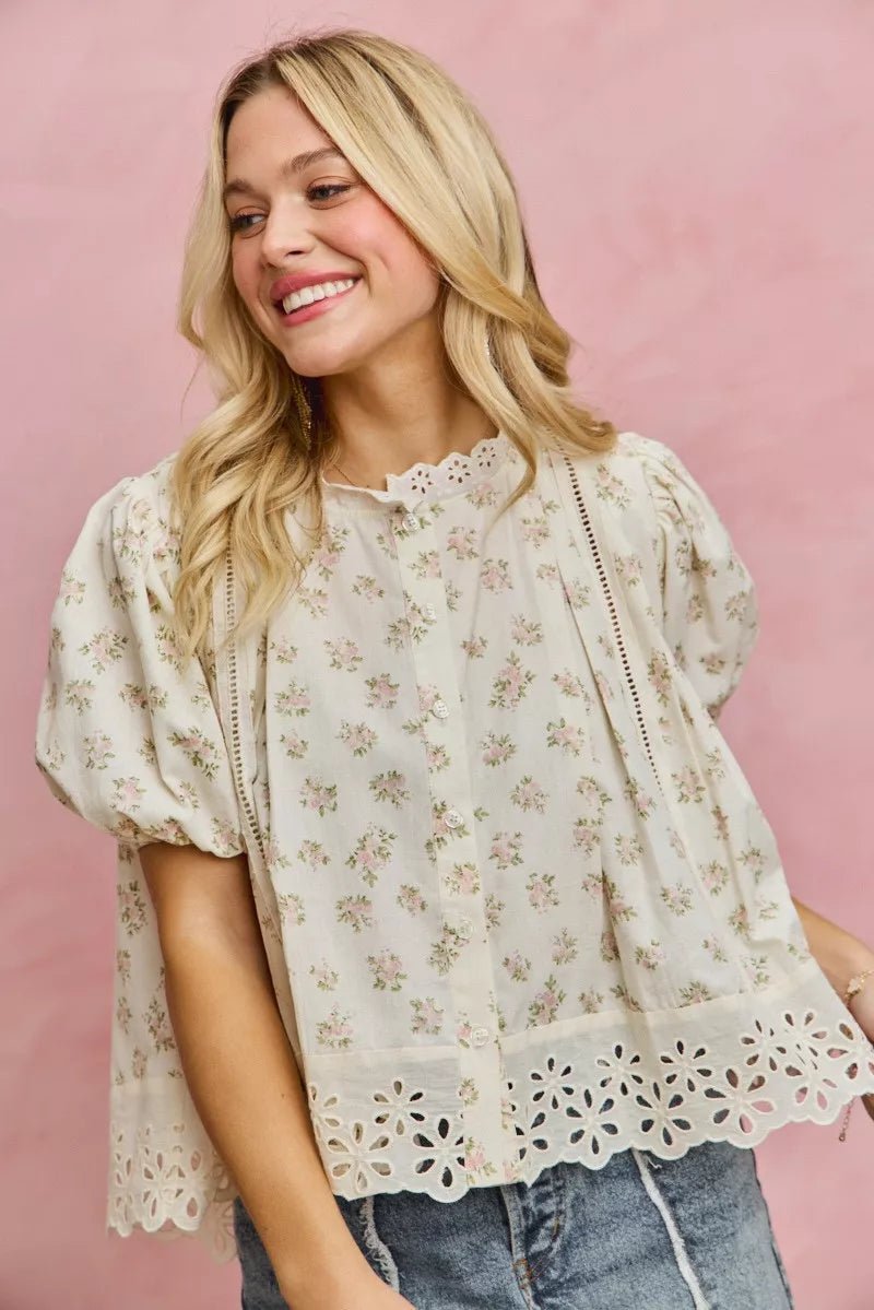 SO ME Floral Print Lace Trim Short Sleeves Blouse - Bitsy Gypsy Boutique