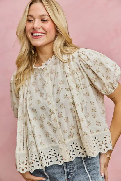 SO ME Floral Print Lace Trim Short Sleeves Blouse - Bitsy Gypsy Boutique