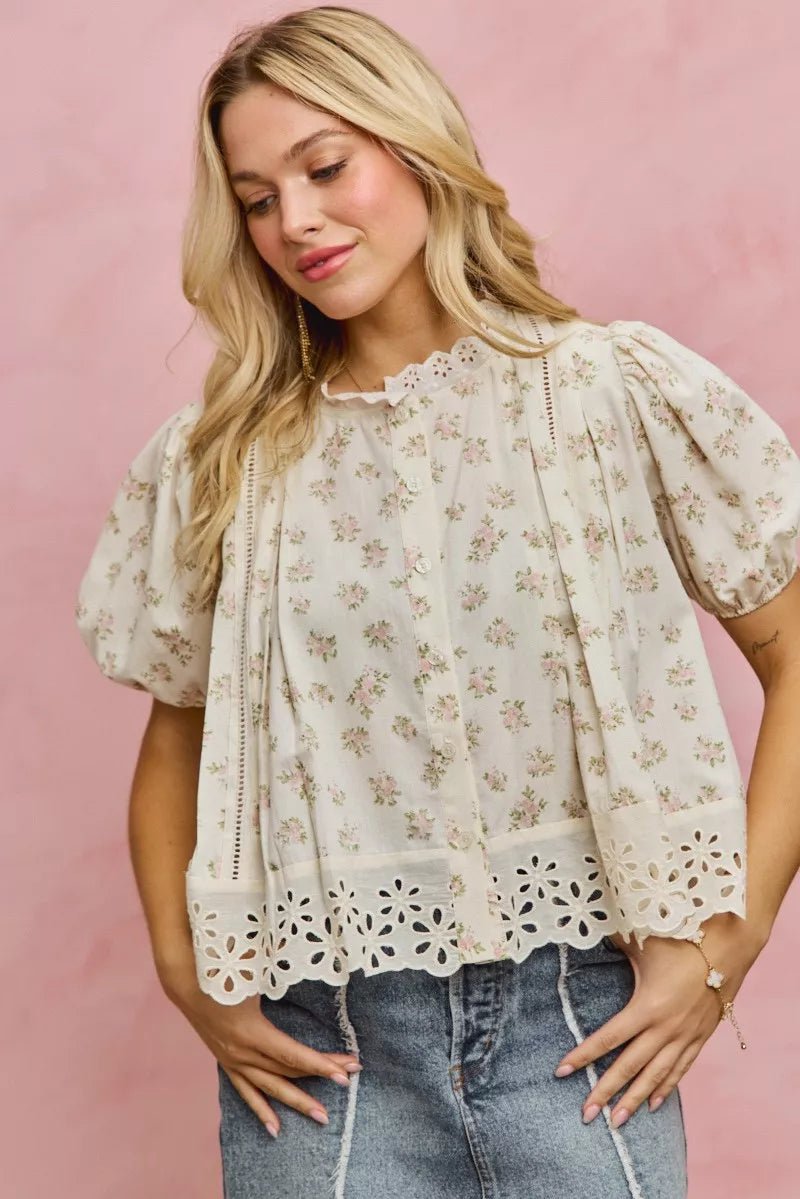 SO ME Floral Print Lace Trim Short Sleeves Blouse - Bitsy Gypsy Boutique