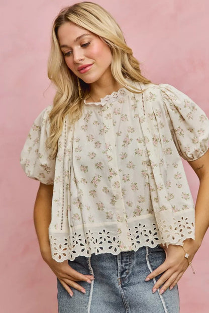 SO ME Floral Print Lace Trim Short Sleeves Blouse - Bitsy Gypsy Boutique