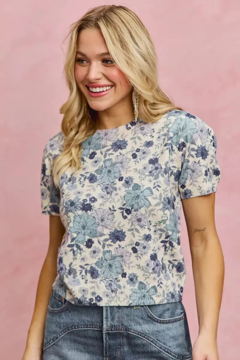SO ME Floral Print Short Sleeves Sweater Knit Top by Trendsi
