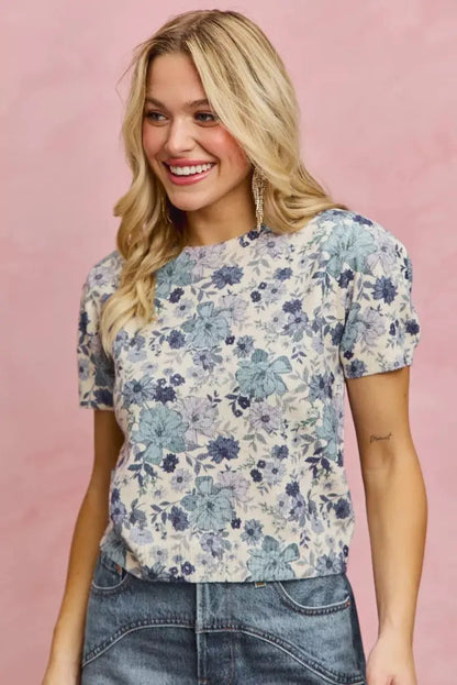 SO ME Floral Print Short Sleeves Sweater Knit Top by Trendsi