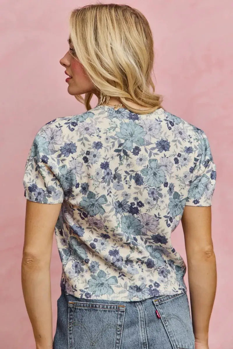 SO ME Floral Print Short Sleeves Sweater Knit Top by Trendsi