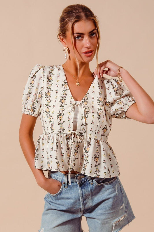 SO ME Floral Print Tie Front Shirred Hem Blouse - Bitsy Gypsy Boutique