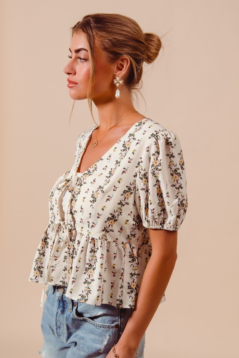 SO ME Floral Print Tie Front Shirred Hem Blouse - Bitsy Gypsy Boutique