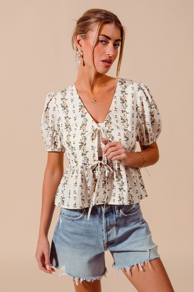 SO ME Floral Print Tie Front Shirred Hem Blouse - Bitsy Gypsy Boutique