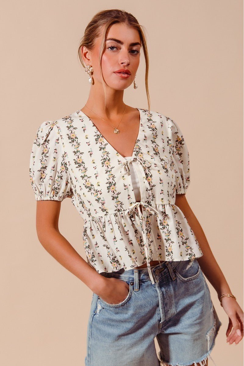 SO ME Floral Print Tie Front Shirred Hem Blouse - Bitsy Gypsy Boutique