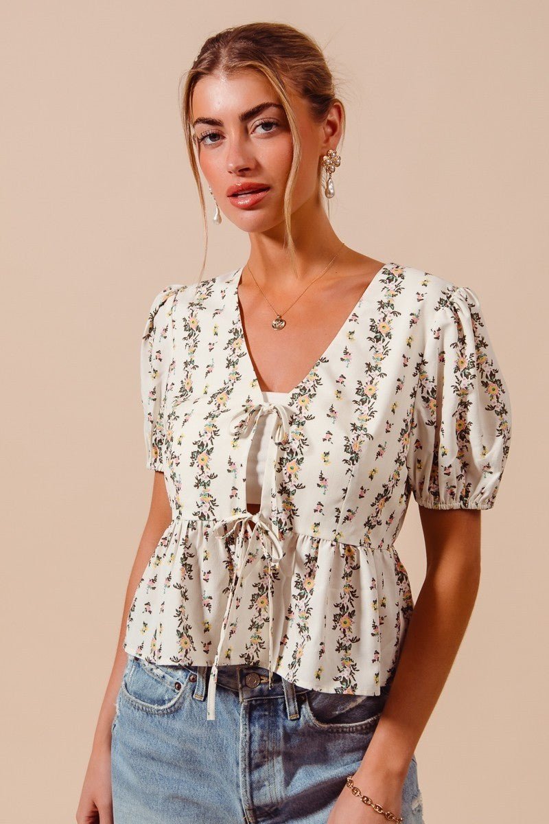 SO ME Floral Print Tie Front Shirred Hem Blouse - Bitsy Gypsy Boutique