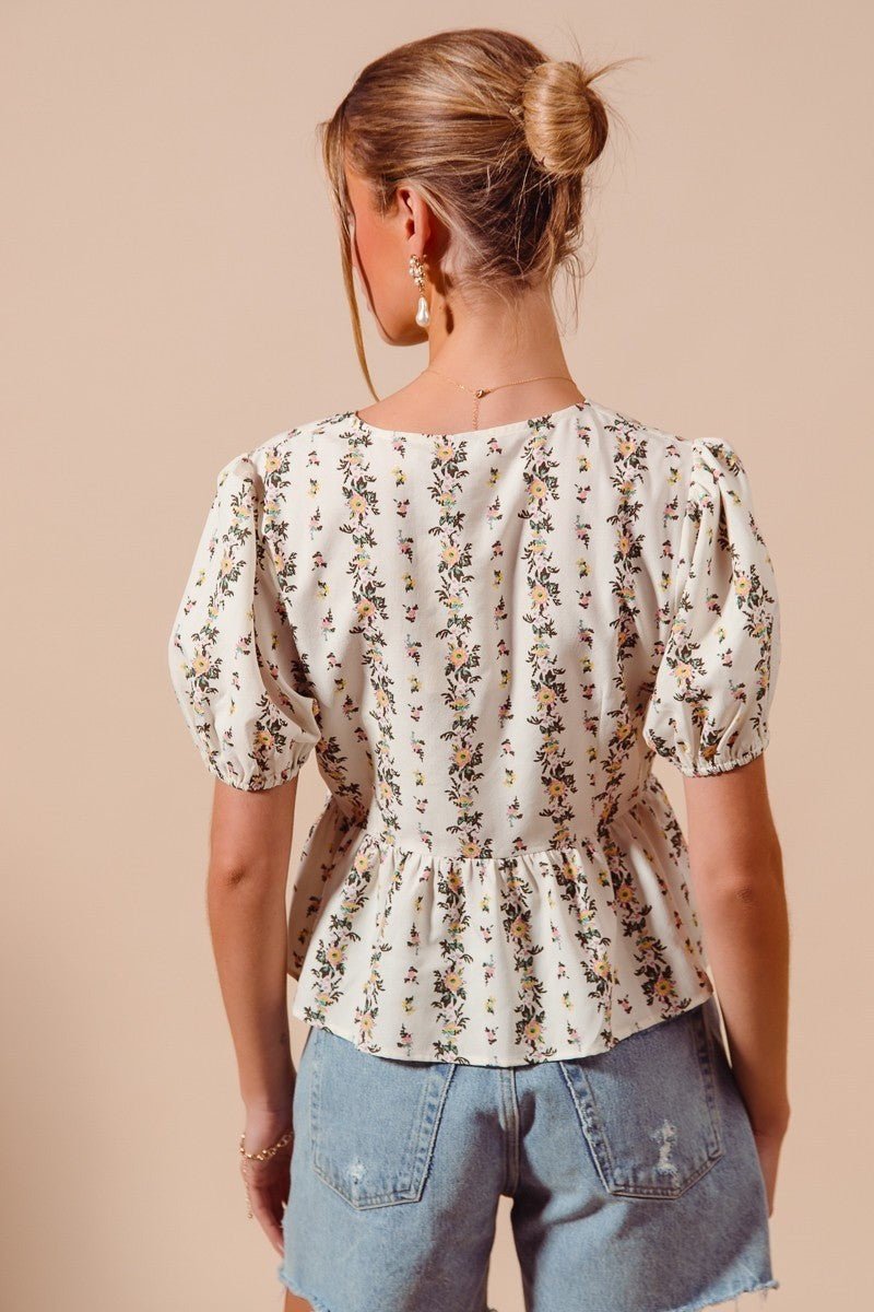 SO ME Floral Print Tie Front Shirred Hem Blouse - Bitsy Gypsy Boutique