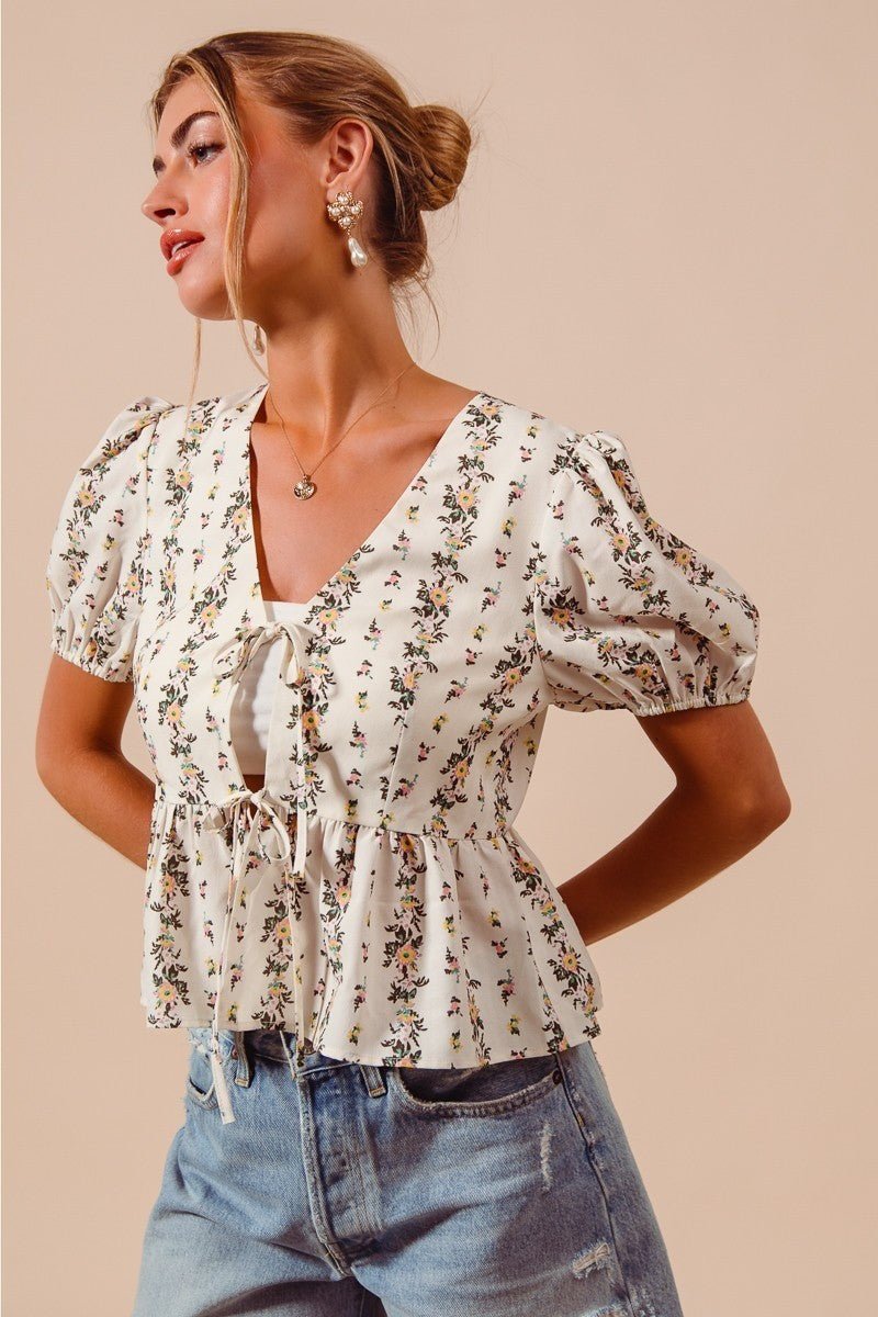 SO ME Floral Print Tie Front Shirred Hem Blouse - Bitsy Gypsy Boutique