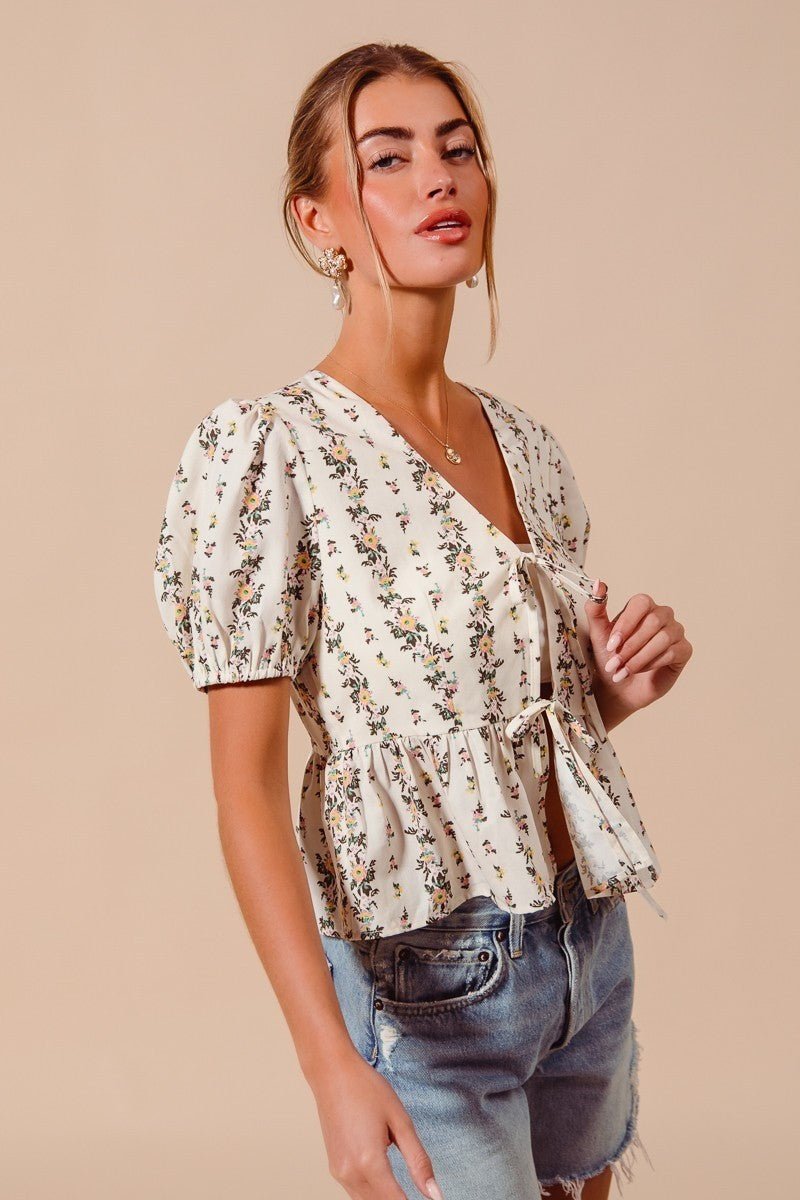 SO ME Floral Print Tie Front Shirred Hem Blouse - Bitsy Gypsy Boutique