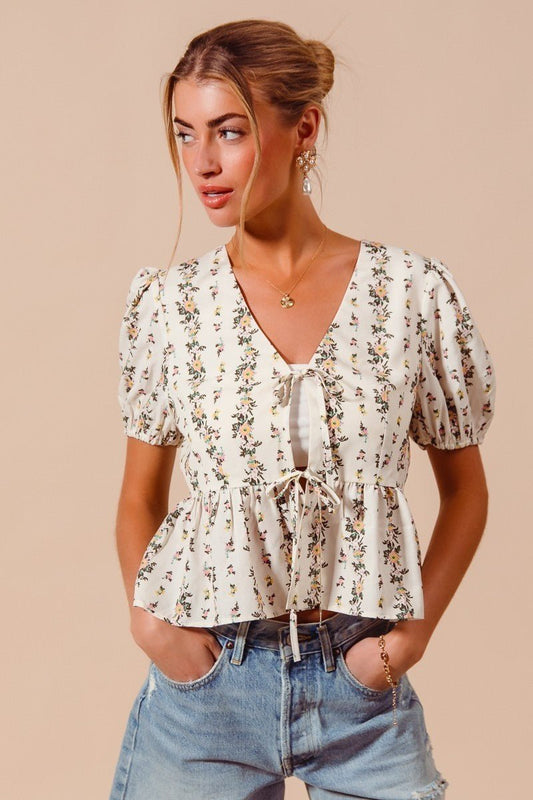 SO ME Floral Print Tie Front Shirred Hem Blouse - Bitsy Gypsy Boutique