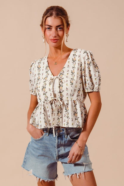 SO ME Floral Print Tie Front Shirred Hem Blouse - Bitsy Gypsy Boutique