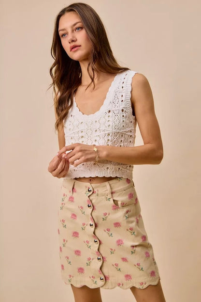 SO ME Floral Rose Print Cotton Twill Scallop Mini Skirt - Bitsy Gypsy Boutique