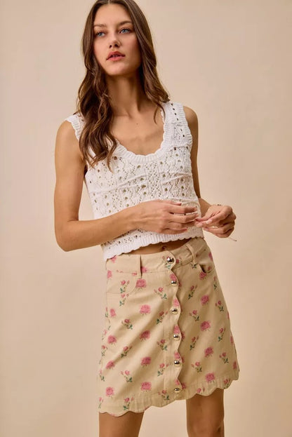 SO ME Floral Rose Print Cotton Twill Scallop Mini Skirt - Bitsy Gypsy Boutique