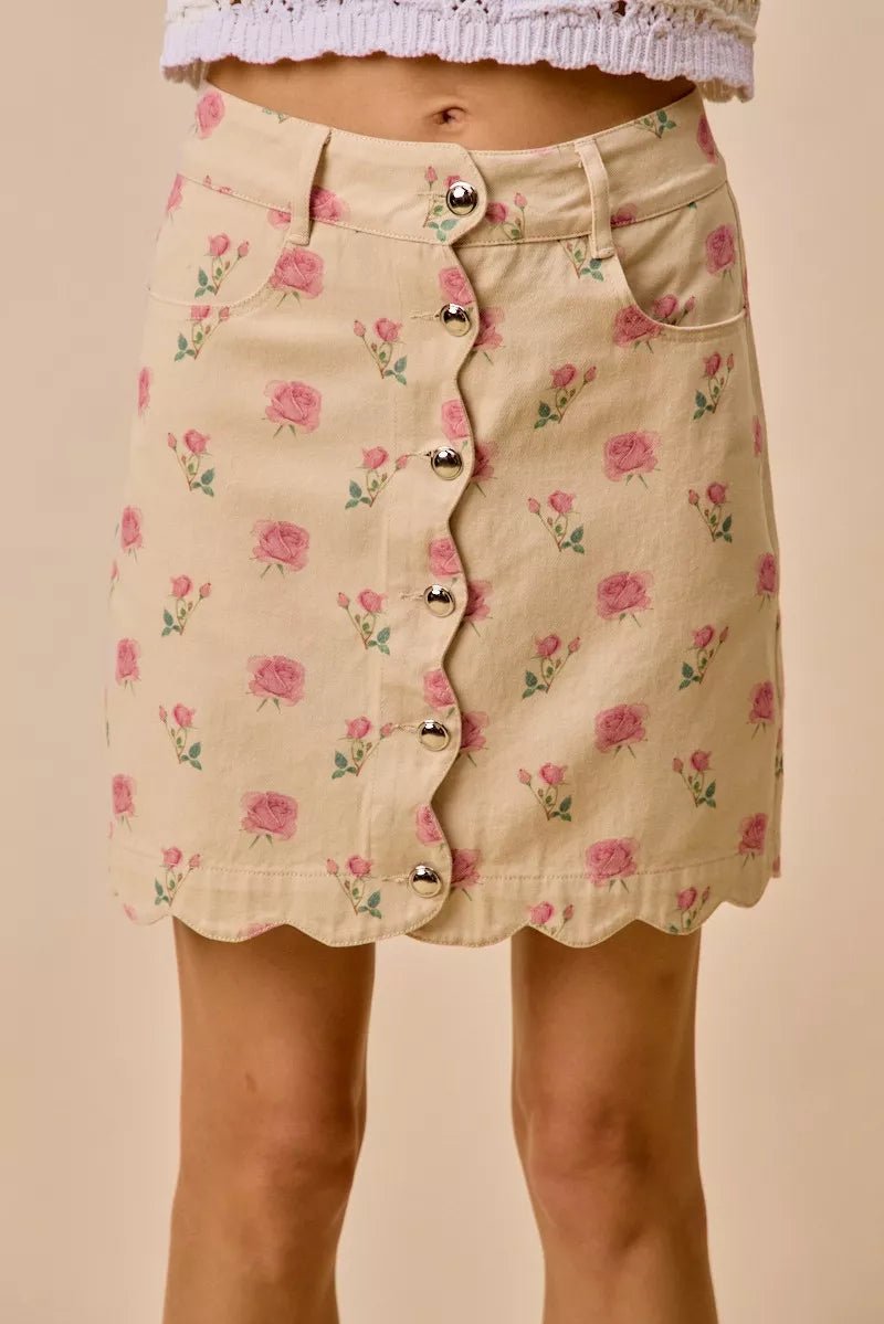 SO ME Floral Rose Print Cotton Twill Scallop Mini Skirt - Bitsy Gypsy Boutique