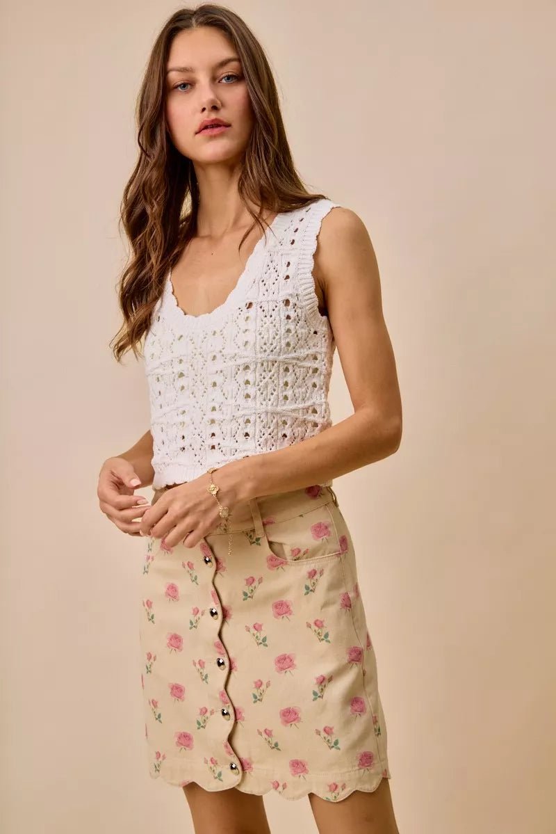 SO ME Floral Rose Print Cotton Twill Scallop Mini Skirt - Bitsy Gypsy Boutique