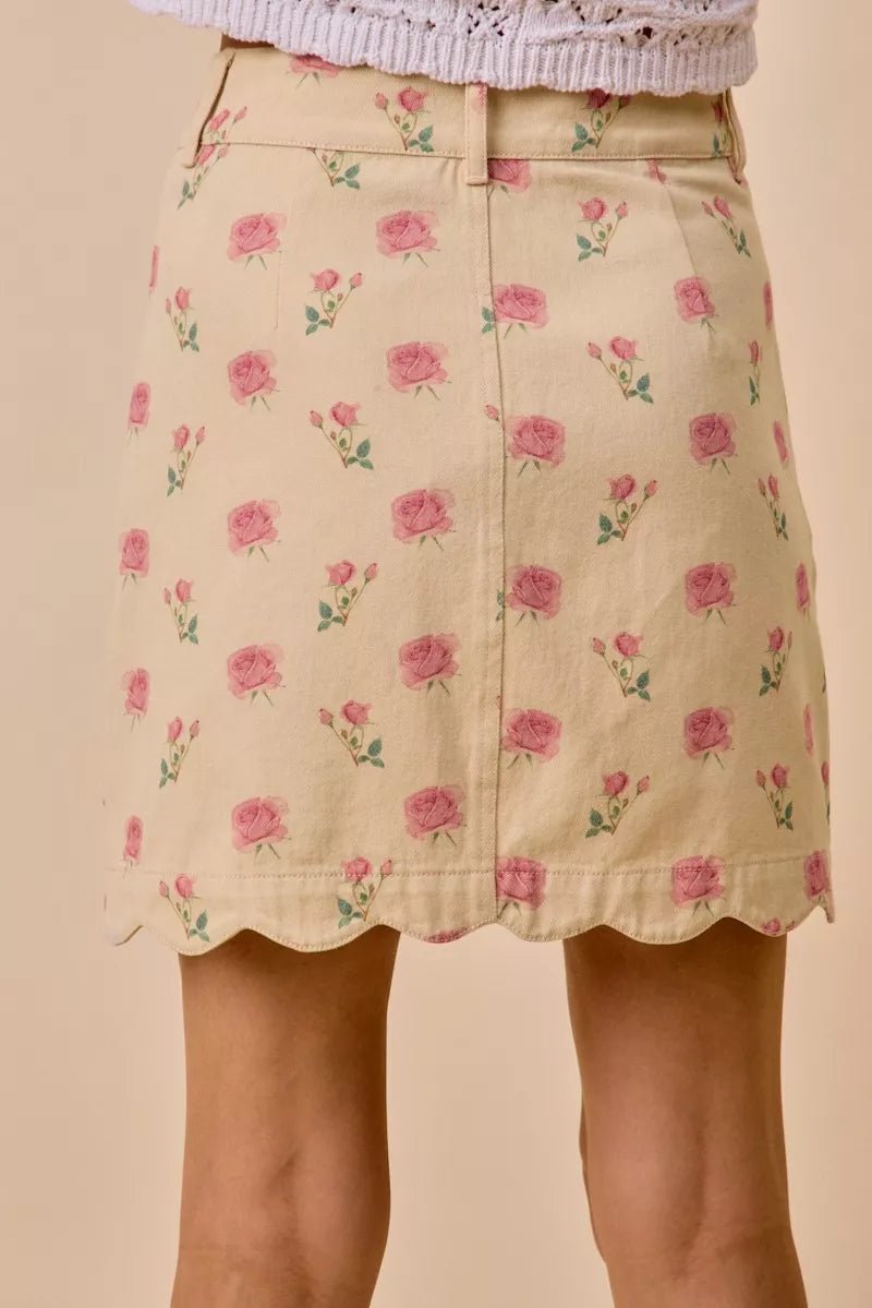 SO ME Floral Rose Print Cotton Twill Scallop Mini Skirt - Bitsy Gypsy Boutique