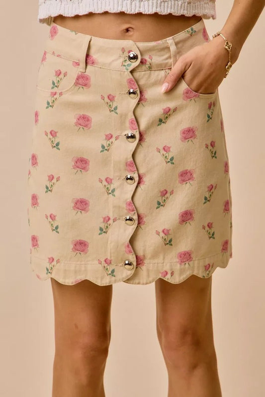 SO ME Floral Rose Print Cotton Twill Scallop Mini Skirt - Bitsy Gypsy Boutique