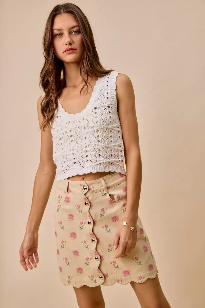 SO ME Floral Rose Print Cotton Twill Scallop Mini Skirt - Bitsy Gypsy Boutique