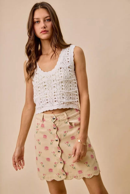SO ME Floral Rose Print Cotton Twill Scallop Mini Skirt - Bitsy Gypsy Boutique