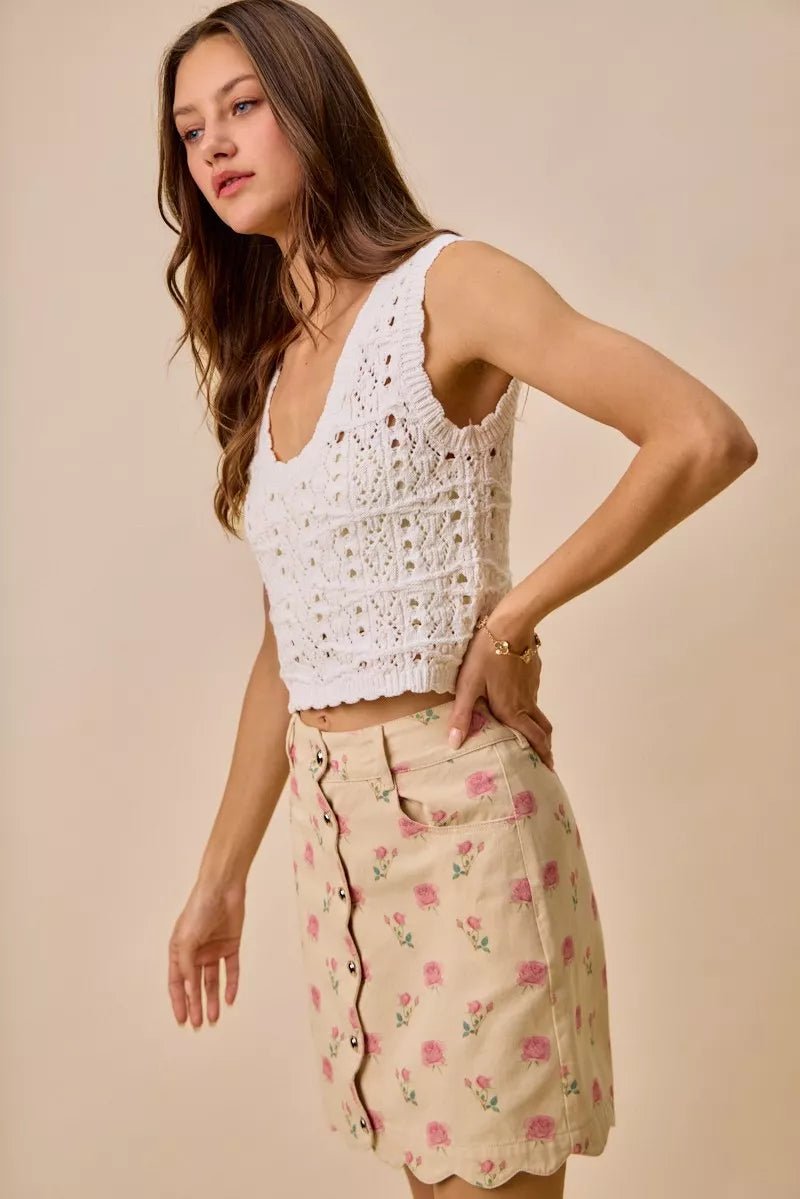 SO ME Floral Rose Print Cotton Twill Scallop Mini Skirt - Bitsy Gypsy Boutique