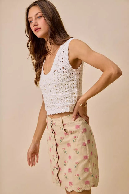SO ME Floral Rose Print Cotton Twill Scallop Mini Skirt - Bitsy Gypsy Boutique
