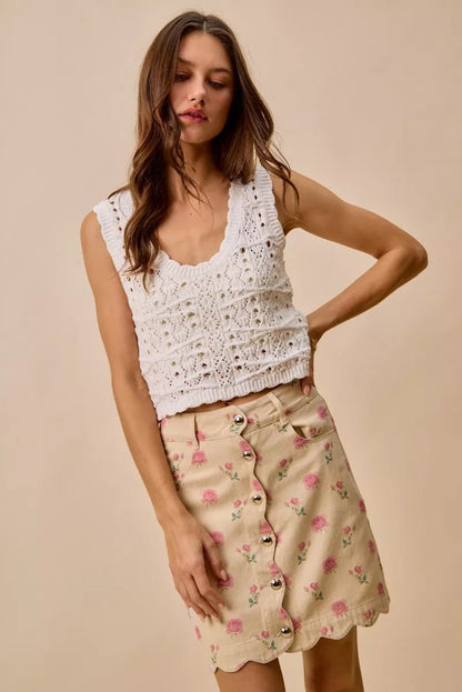 SO ME Floral Rose Print Cotton Twill Scallop Mini Skirt - Bitsy Gypsy Boutique