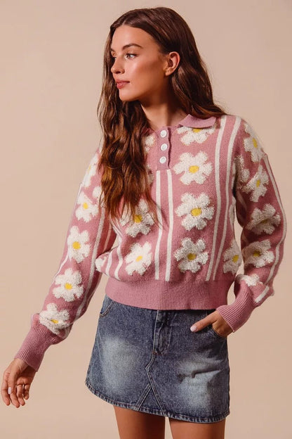 SO ME Floral Stripe Polo Collar Sweater - Bitsy Gypsy Boutique