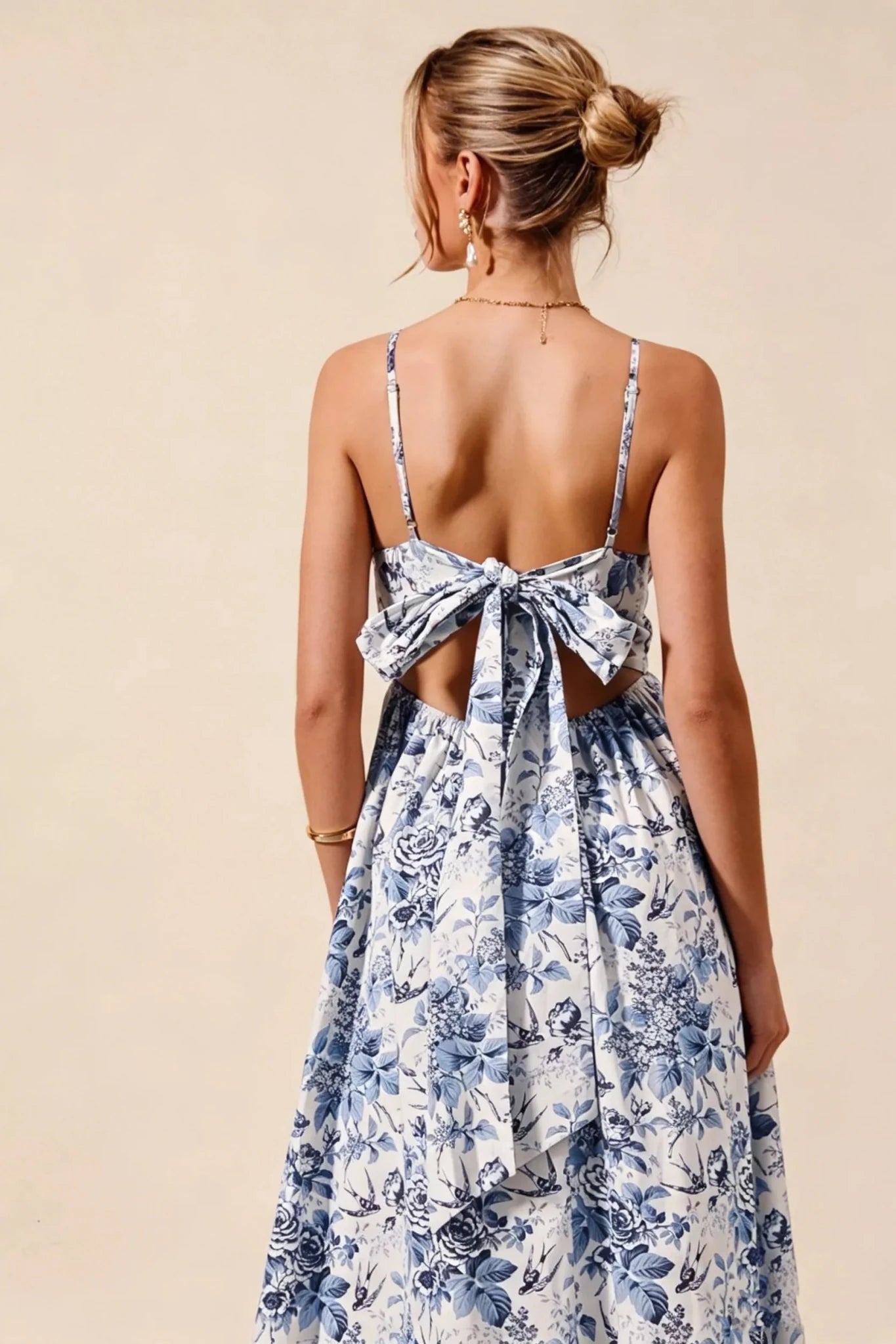 SO ME Floral Woven V Neck Dress With Back Ribbon Tie - Bitsy Gypsy Boutique