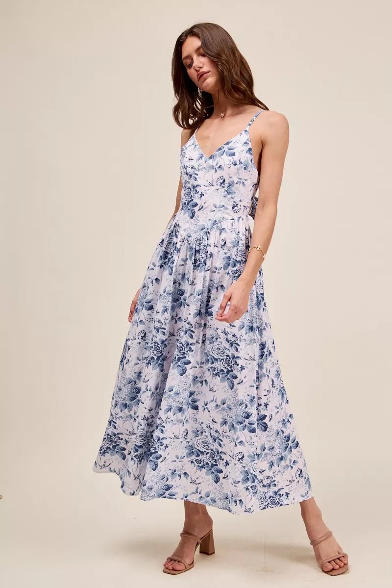 SO ME Floral Woven V Neck Dress With Back Ribbon Tie - Bitsy Gypsy Boutique