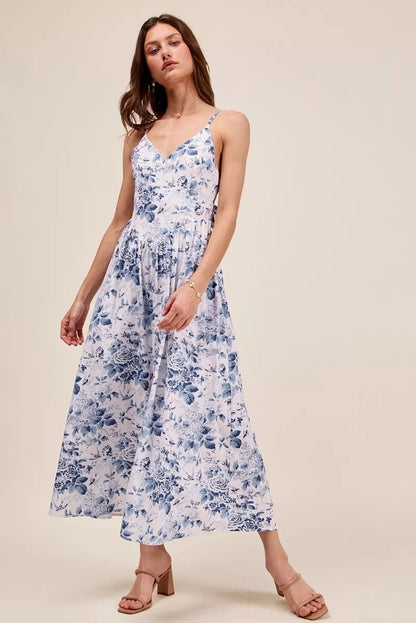 SO ME Floral Woven V Neck Dress With Back Ribbon Tie - Bitsy Gypsy Boutique