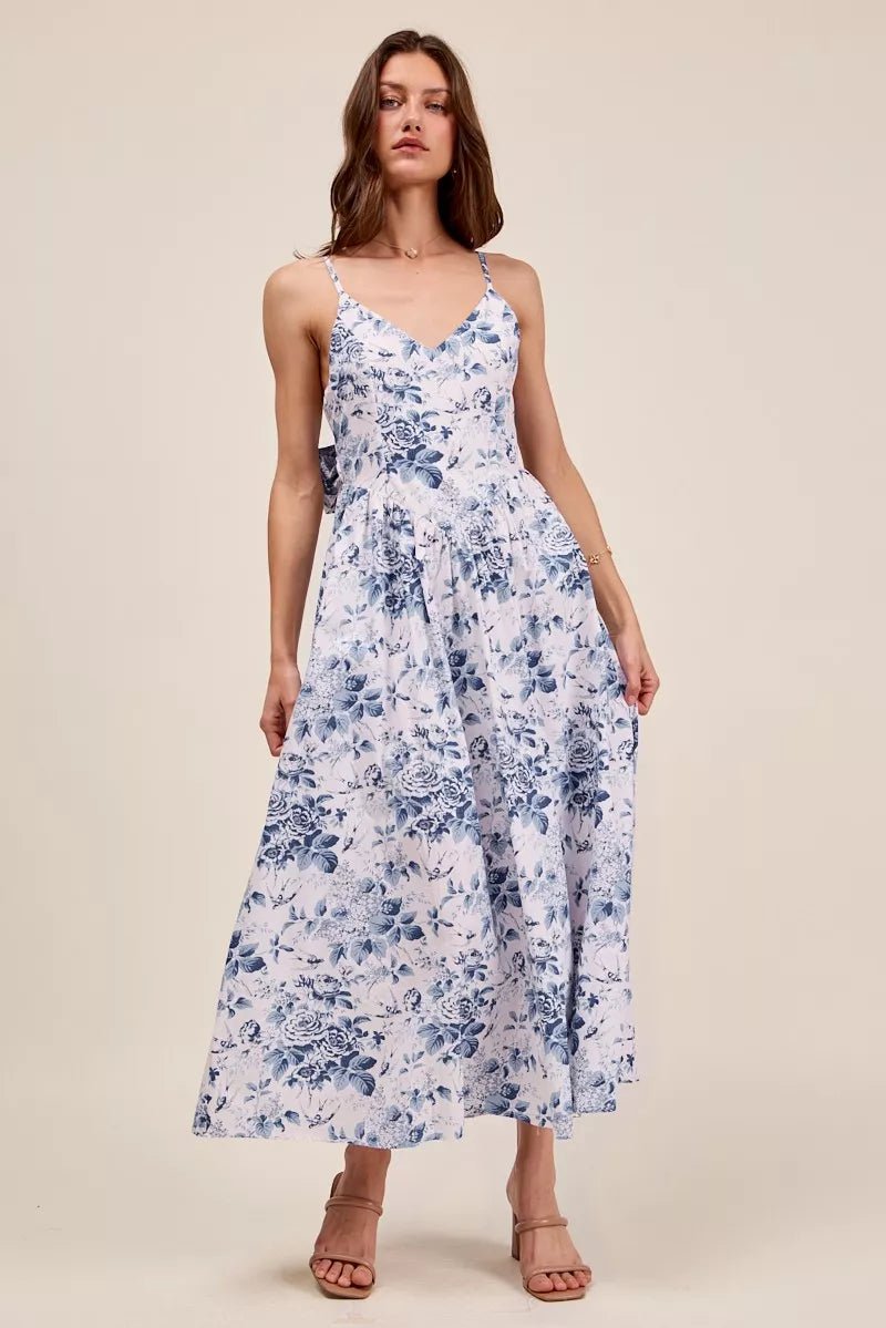 SO ME Floral Woven V Neck Dress With Back Ribbon Tie - Bitsy Gypsy Boutique