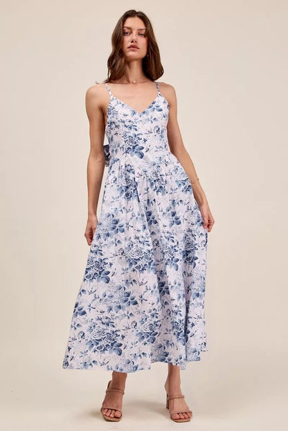 SO ME Floral Woven V Neck Dress With Back Ribbon Tie - Bitsy Gypsy Boutique