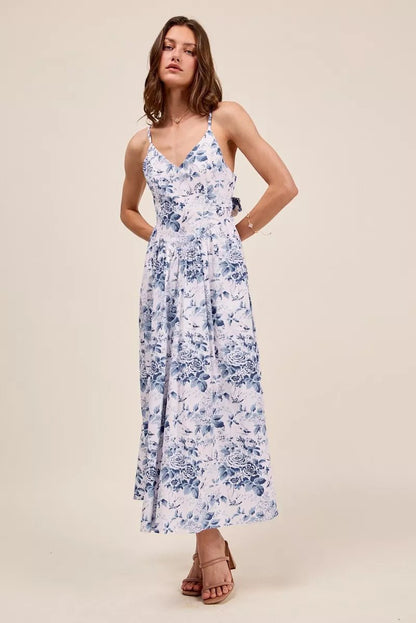 SO ME Floral Woven V Neck Dress With Back Ribbon Tie - Bitsy Gypsy Boutique